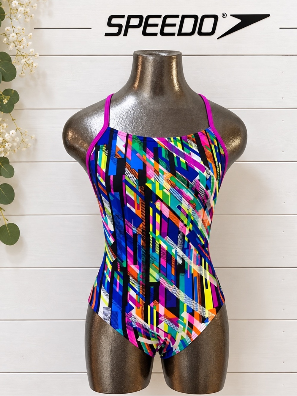 SPEEDO Multicolor Geometric One-Piece Swimsuit Pink Straps Size 10/36